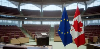 Какво следва, след като Урсула фон дер Лайен отвори вратата на Канада за ЕС Знамена на ЕС и Канада в Европейския парламент